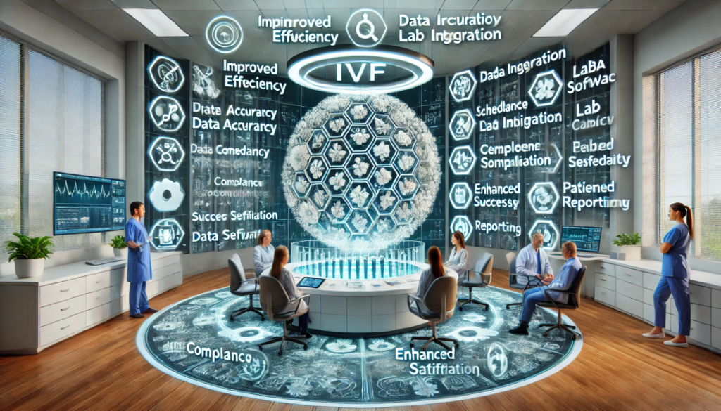 Modern fertility clinic using IVF software with medical staff and digital screens displaying scheduling, data management and patient communication tools